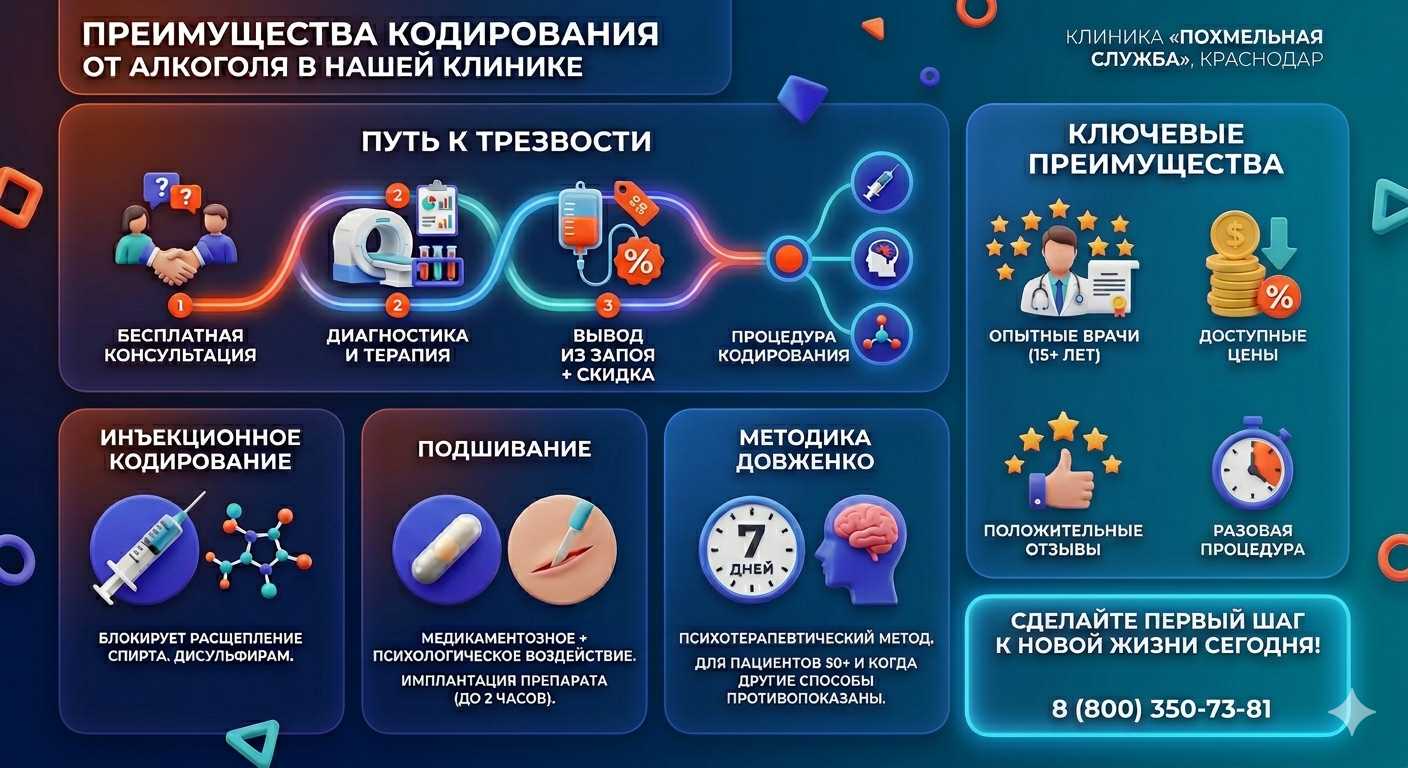 Инфографика о методах кодирования от алкоголя в Ленске: инъекции, подшивание, метод Довженко. Преимущества клиники и этапы лечения.